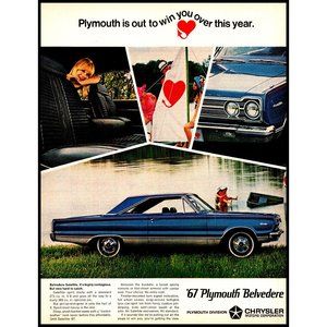 1967 Plymouth Belvedere Satellite Vintage Print Ad Lake Sailboat Blonde Wall Art
